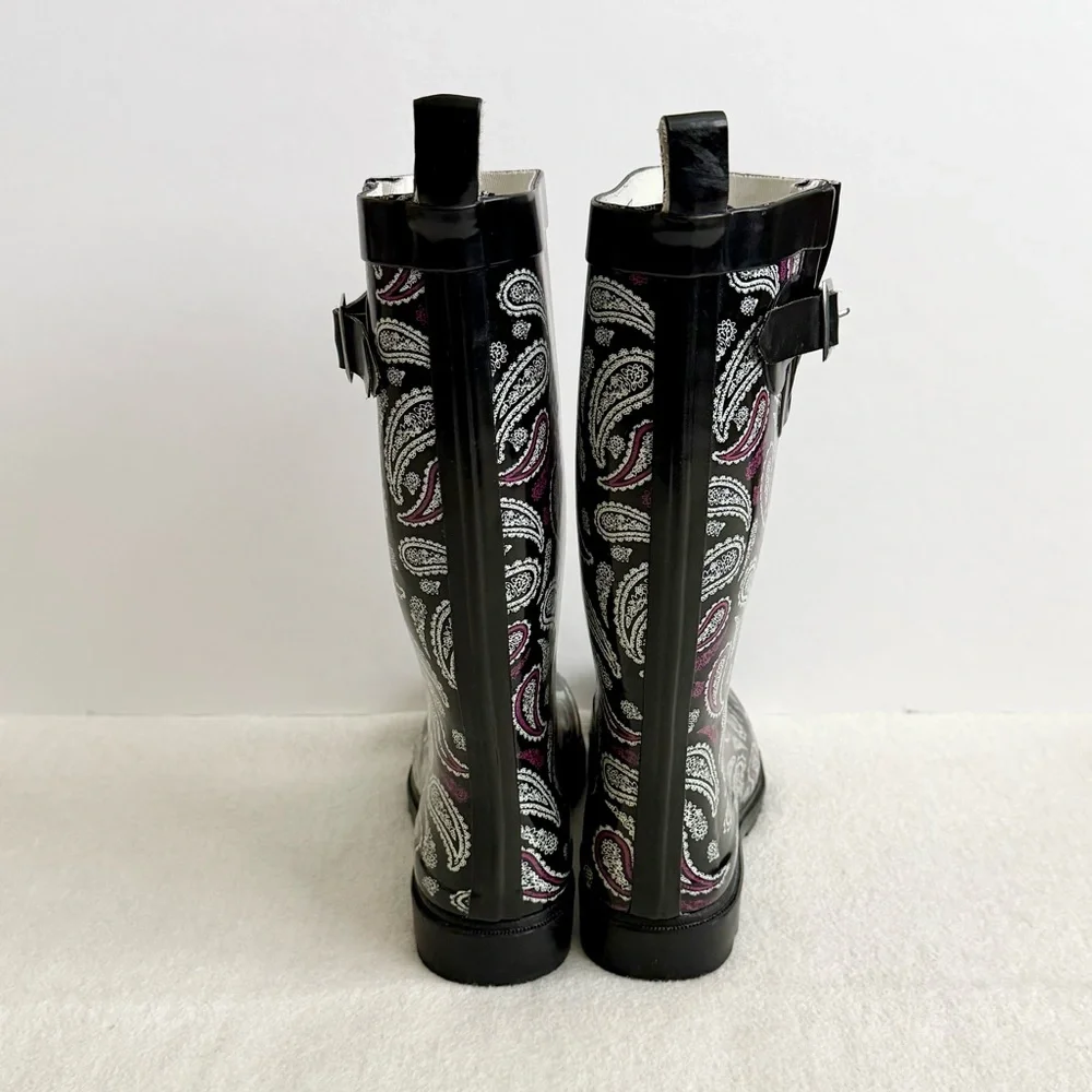 Paisley Rubber Rain Boots Black Purple Size 8 Tall Waterproof Outdoor